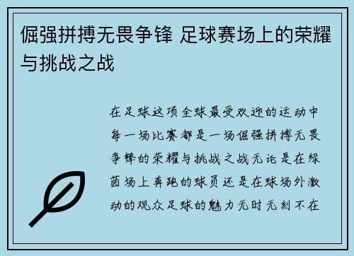 倔强拼搏无畏争锋 足球赛场上的荣耀与挑战之战